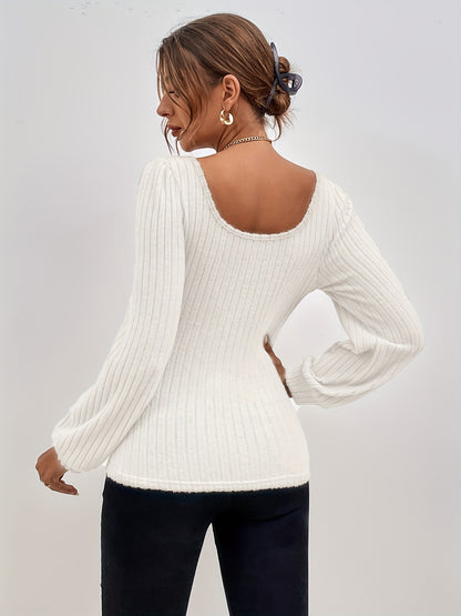 Sixsr Solid Square Neck Rib Knit Top, Elegant Long Sleeve Slim Sweater, Women's Clothing