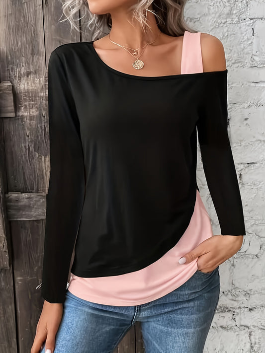 Sixsr Plus Size Casual Top, Women's Plus Colorblock Long Sleeve One Shoulder Medium Stretch Top