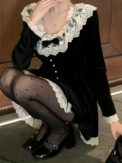 Sixsr Contrast Trim Lace Splicing Velvet Dress, Sweet Button Front Bow Decor Dress For Spring & Fall, Women's Clothing