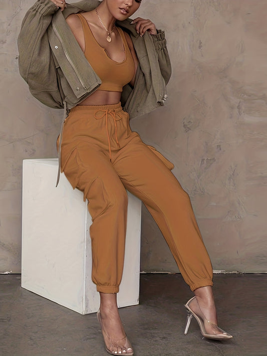 Sixsr Drawstring Baggy Cargo Pants, Casual High Waist Flap Pockets Pants, Women's Clothing