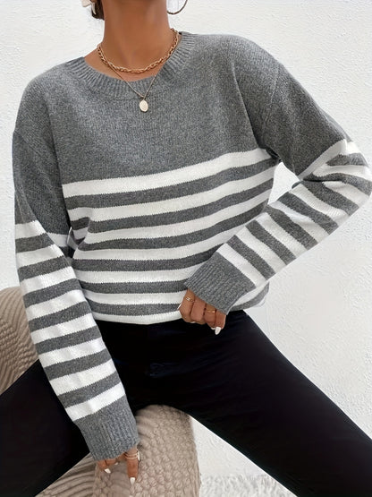 Sixsr Striped Crew Neck Pullover Sweater, Casual Long Sleeve Loose Knit Sweater, Women's Clothing