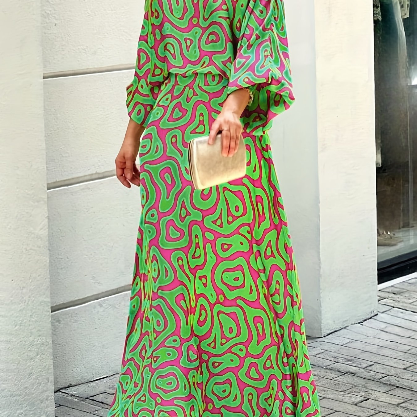 two-piece Geometric Print Maxi Skirt & Loose Long Sleeve Top Set for Women - Perfect for Spring & Fall Outfits