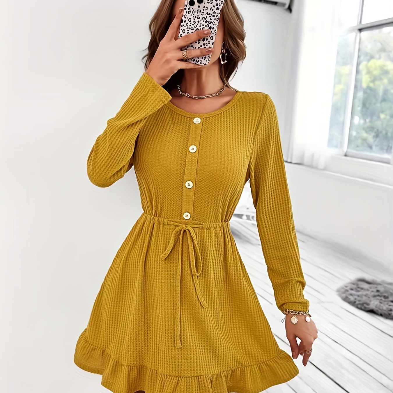 Sixsr Ruffle Hem Button Front Dress, Casual Long Sleeve Crew Neck Drawstring Dress, Women's Clothing