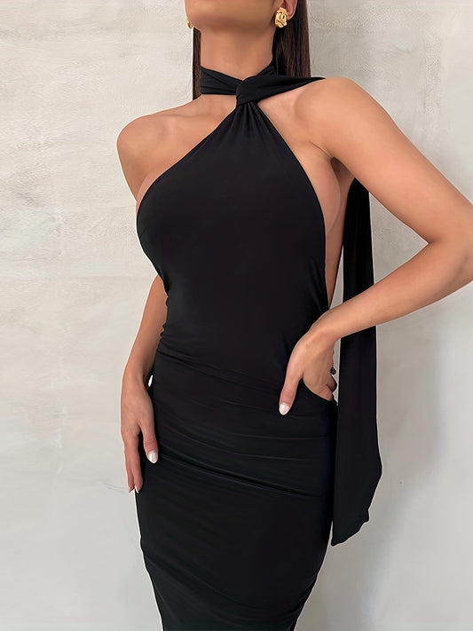 Sixsr Solid Halter Neck Dress, Sexy Backless Bodycon Ruched Sleeveless Dress, Women's Clothing