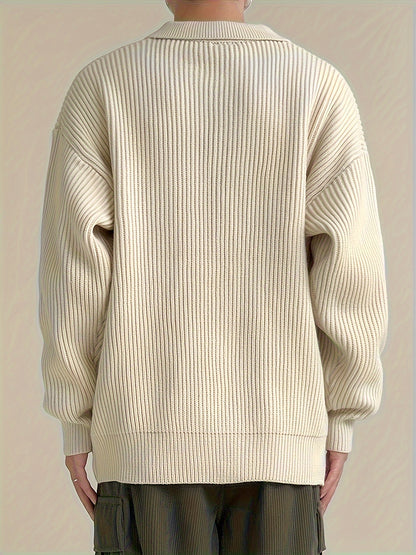 Sixsr Men's Stylish Solid Loose Knitted Cardigan, Casual Medium Stretch Breathable Long Sleeve Button Up Top For City Walk Street Hanging Outdoor Activities