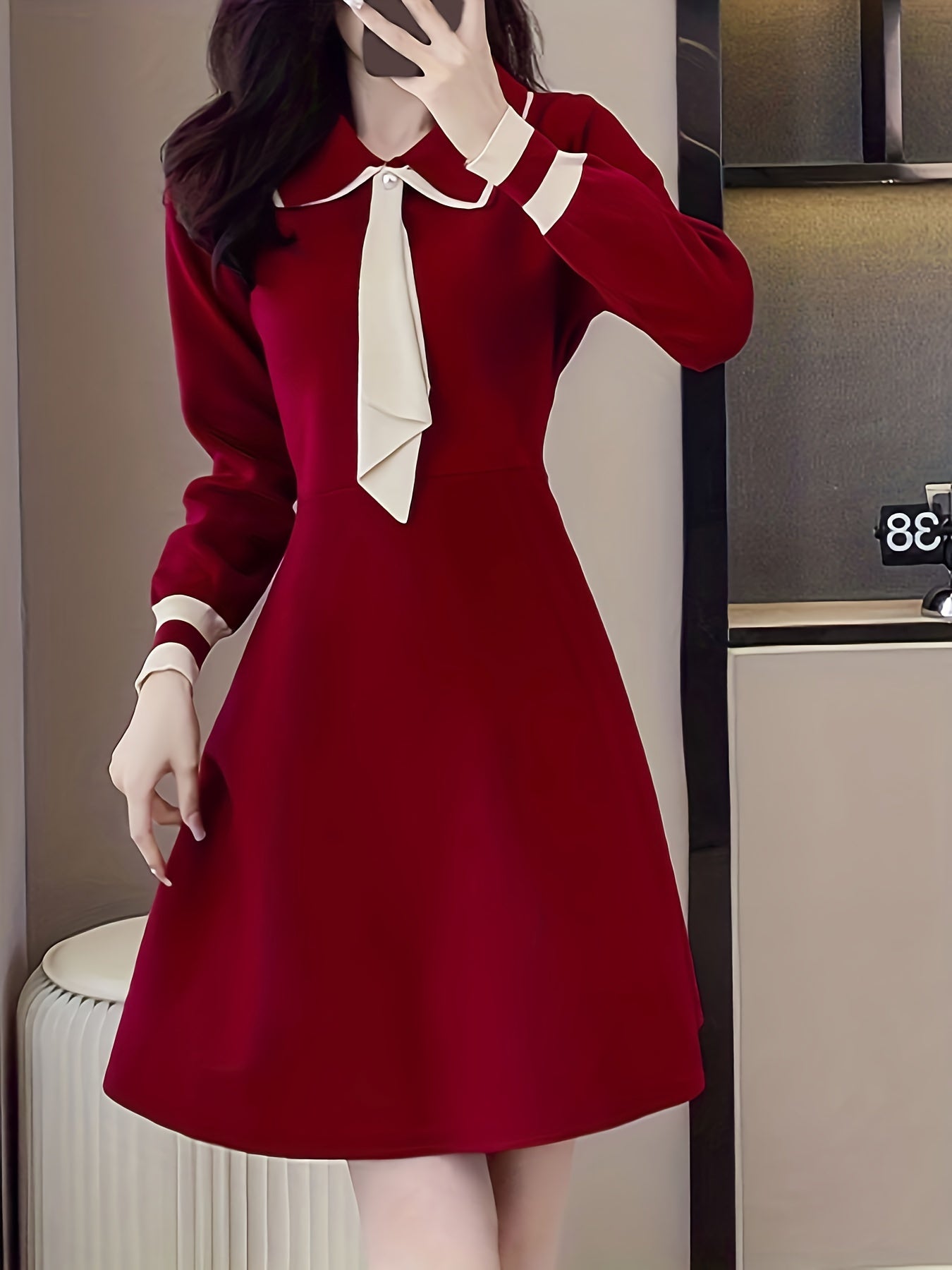 Sixsr Tie Neck A Line Dress, Elegant Long Sleeve Midi Dress, Women's Clothing