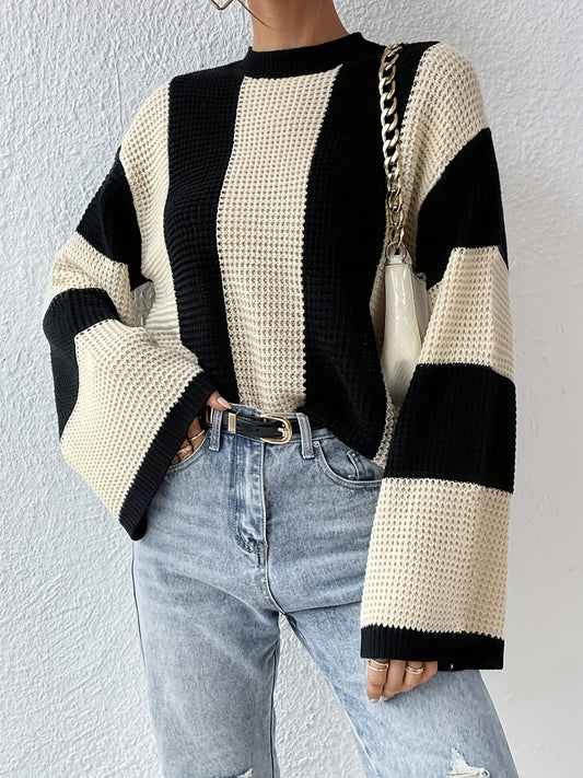 Color Block Crew Neck Sweater, Casual Long Sleeve Loose Sweater For Spring & Fall, Women's Clothing