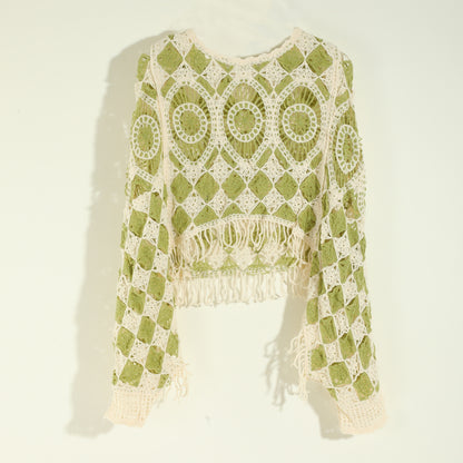 Sixsr Floral Hollow Out Tassel Shawl Elegant Long-sleeved Pullover Shawl Casual Daily Travel Versatile Coat