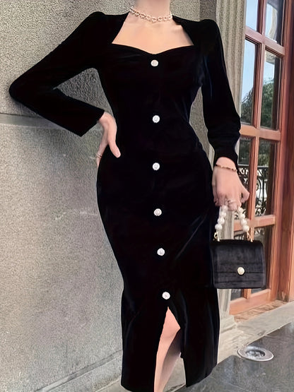 Sixsr Button Solid Color Dress, Elegant Long Sleeve Dress For Party & Banquet, Women's Clothing