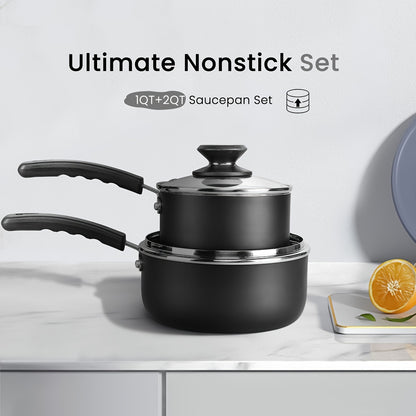 1set Nonstick Sauce Pan Set with Lid, 1 QT + 2.0 QT Sauce pot Cooking Pots Set, Stay-cool Handle, Induction Compatible, PFOA Free Black and Golden