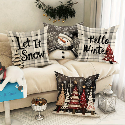 4-Pack 18x18 Velvet Christmas Pillow Covers - Soft, Plush, and Durable Zippered Throw Pillowcases with Snowman & Tree Plaid Design - Perfect for Winter Farmhouse Decor, Living Room Couch, and Machine Washable Polyester Fabric - Inserts Not Included