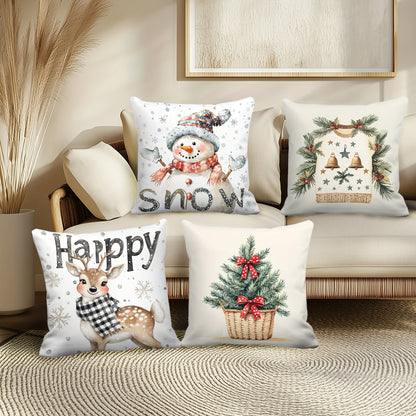 4pcs Festive Christmas Throw Pillow Covers, Contemporary Style, Snowman & Reindeer Print, 100% Polyester, Zipper Closure, Machine Washable, Decorative Cushion Cases for Living Room (No Insert)