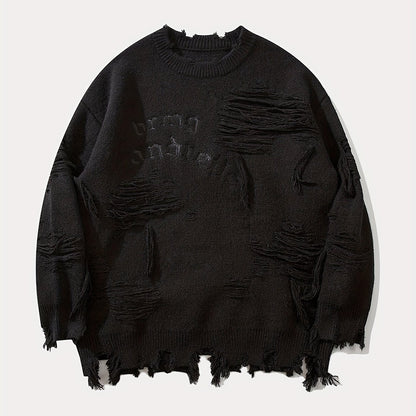 Sixsr Men's Stylish Letters Pattern Ripped Knitted Pullover, Casual Breathable Long Sleeve Crew Neck Top For City Walk Street Hanging Outdoor Activities