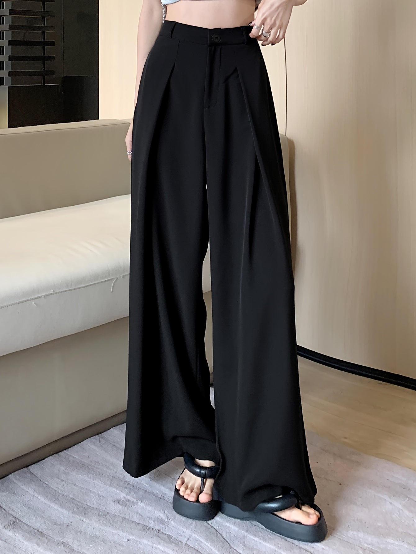 Sixsr Solid Button Front Wide Leg Pants, Versatile High Waist Pants For Spring & Fall, Women's Clothing