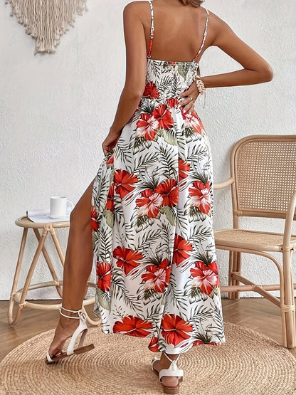 Sixsr Floral Print Spaghetti Strap Dress, Elegant Sleeveless Split Dress For Spring & Summer, Women's Clothing