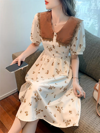 Sixsr Floral Print Doll Collar Dress, Elegant Short Sleeve Waist Slimming Skinny Dress For Summer, Women's Clothing