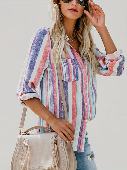 Casual Striped Shirt, Button Up Top For Spring & Fall, Women's Clothing