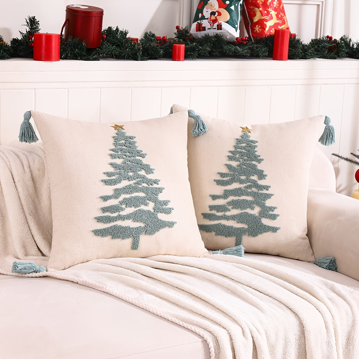 2pcs Tassel Embroidery Christmas Tree Throw Pillow Covers, Home Decor Pillowcase for Bedroom Living Room Sofa Car