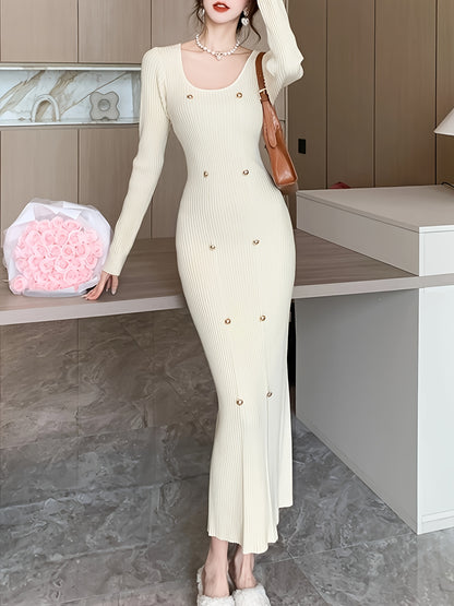 Sixsr Ribbed Slim Solid Dress, Elegant Long Sleeve Dress For Spring & Fall, Women's Clothing