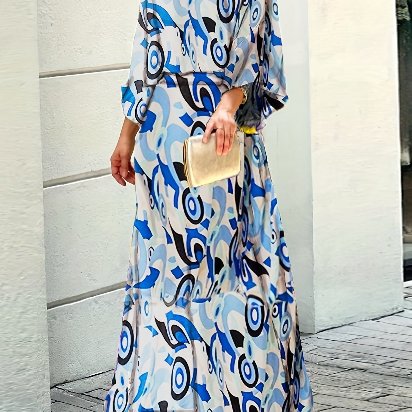 two-piece Geometric Print Maxi Skirt & Loose Long Sleeve Top Set for Women - Perfect for Spring & Fall Outfits