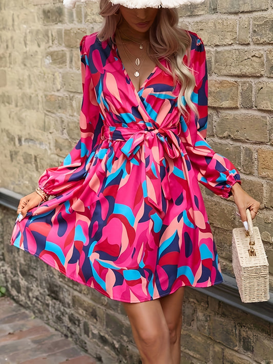 Sixsr Geo Print Surplice Neck Dress, Casual Long Sleeve Dress, Women's Clothing