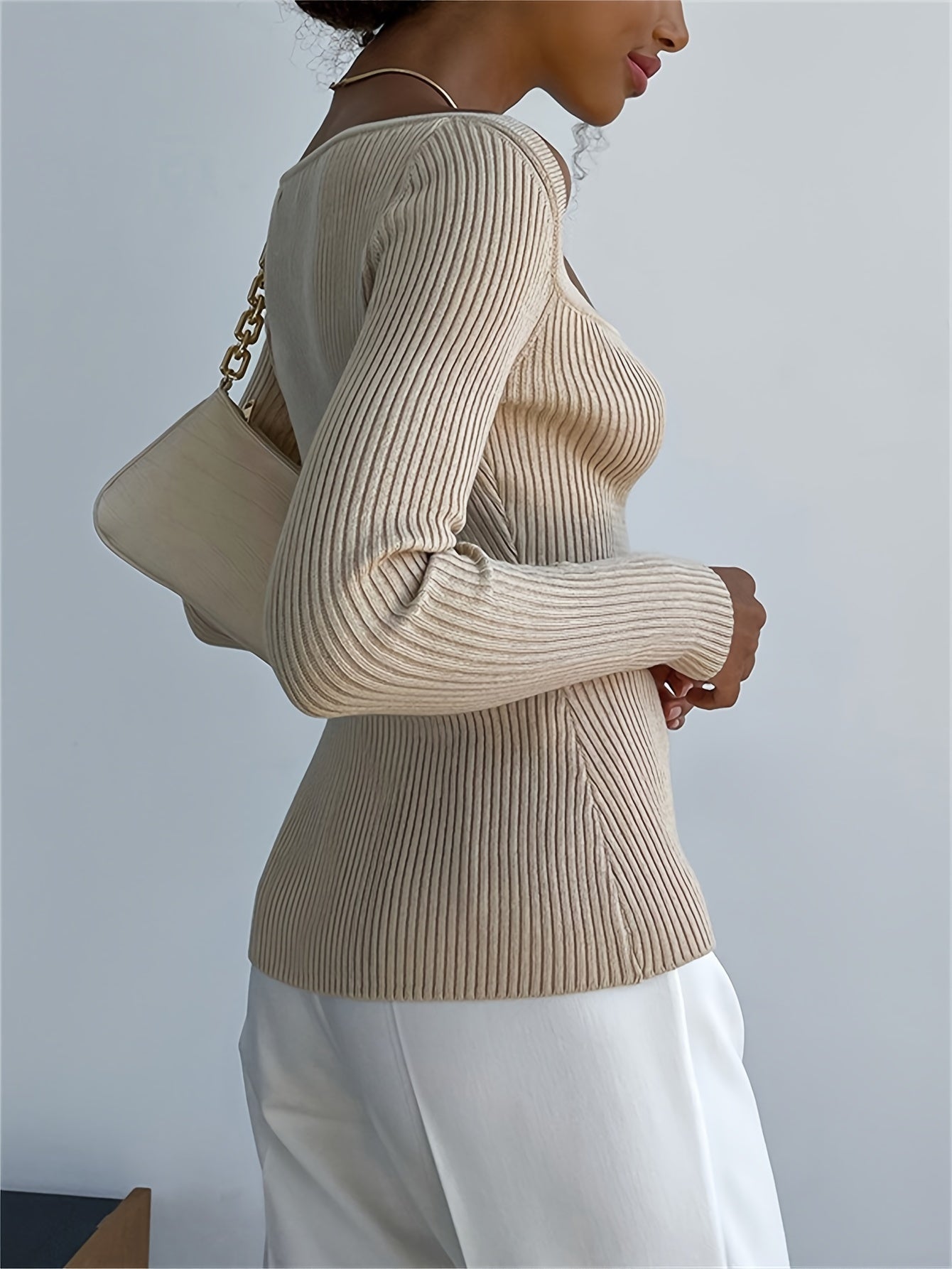 Sixsr Solid Sweetheart Neck Slim Sweater, Versatile Long Sleeve Knitted Top For Fall & Winter, Women's Clothing