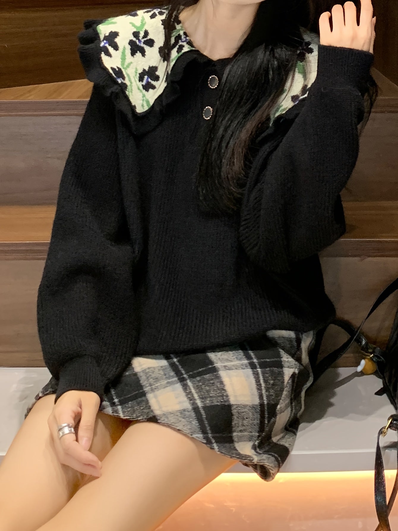 Sixsr Floral Pattern Ruffle Trim Lapel Sweater, Casual Long Sleeve Button Sweater For Fall & Winter, Women's Clothing