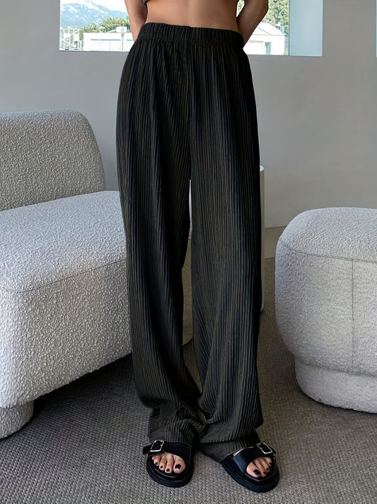 Sixsr Plus Size Casual Pants, Women's Plus Solid Ribbed Elastic High Rise Slight Stretch Wide Leg Trousers