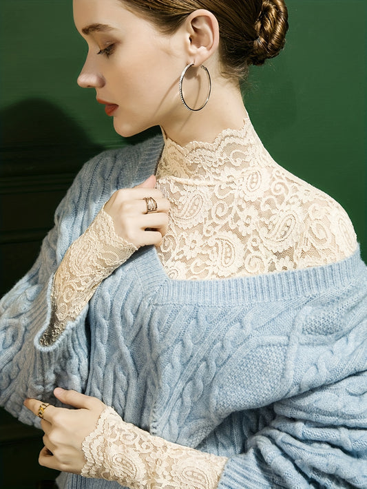 Sixsr Solid Lace Mock Neck Top, Elegant Long Sleeve Top For Spring & Fall, Women's Clothing