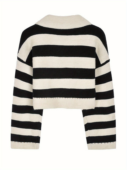 Sixsr Striped Notched Collar Pullover Sweater, Casual Long Sleeve Loose Crop Sweater, Women's Clothing