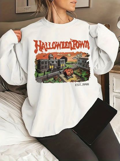 Sixsr Plus Size Halloween Casual Sweatshirt, Women's Plus Graphic & Art Letter Print Long Sleeve Round Neck Sweatshirt