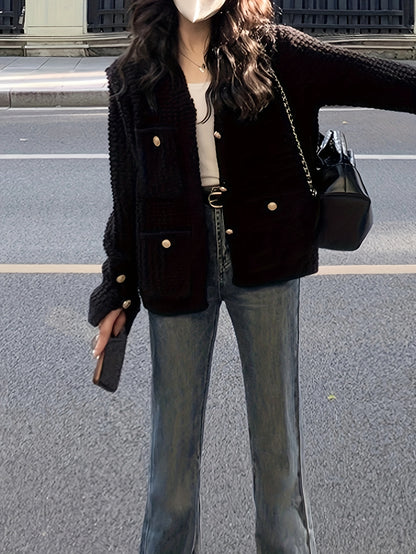 Sixsr Solid Button Down Chunky Knit Cardigan, Vintage Long Sleeve Sweater Coat With Pocket, Women's Clothing