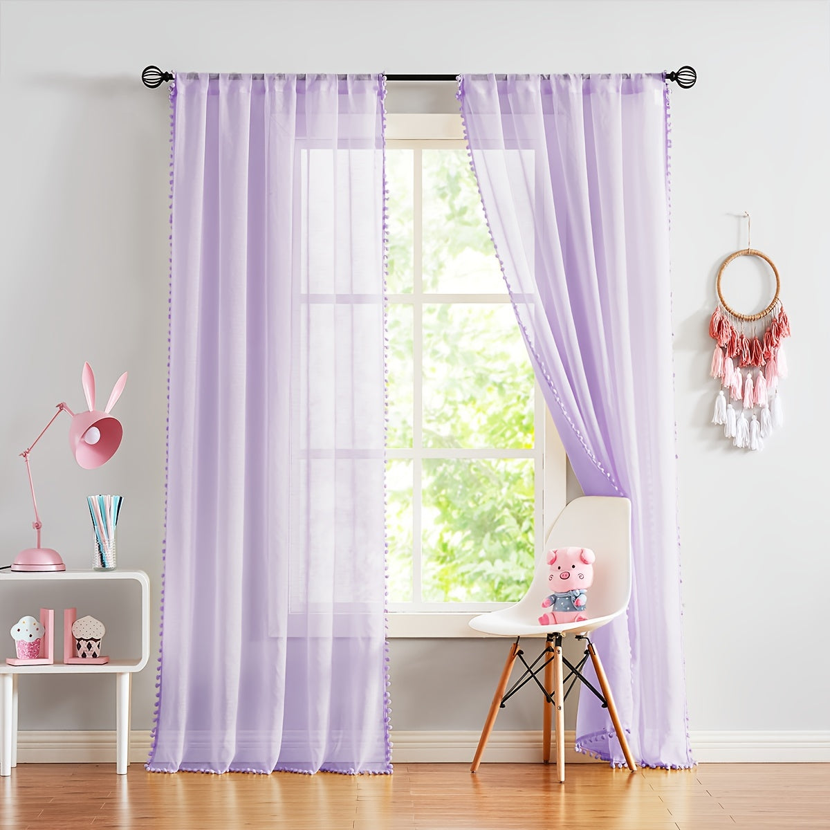 2pcs Heat Insulating Sheer Curtain with Pom Poms - Translucent Rod Pocket Window Treatment for Bedroom, Office, Kitchen, Living Room, Study - Home Decor