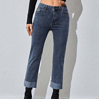 Sixsr Raw Hem Rolled Legs Mid Rise Slim Fit Straight Legs High Stretchy Washed Blue Color Vintage Straight Jeans, Women's Denim Jeans