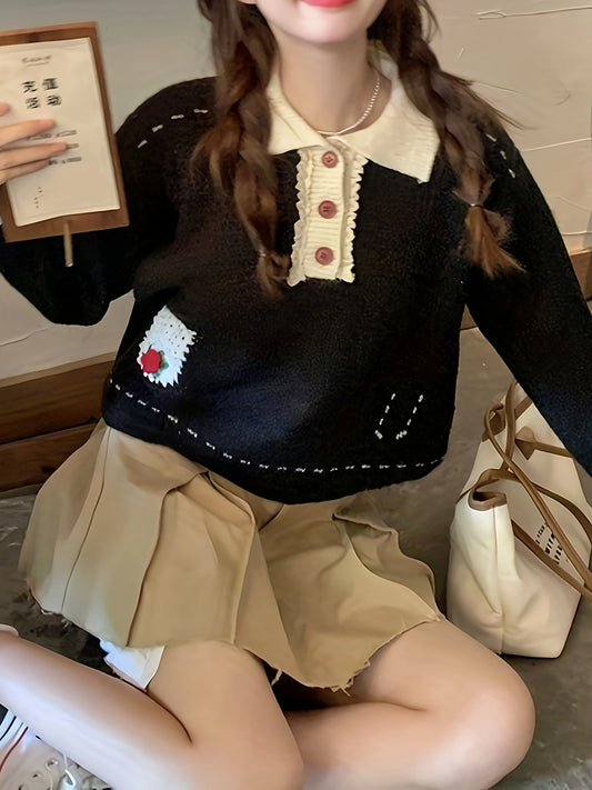 Sixsr Color Block Fall & Winter Knit Sweater, Casual Button Front Long Sleeve Sweater, Women's Clothing