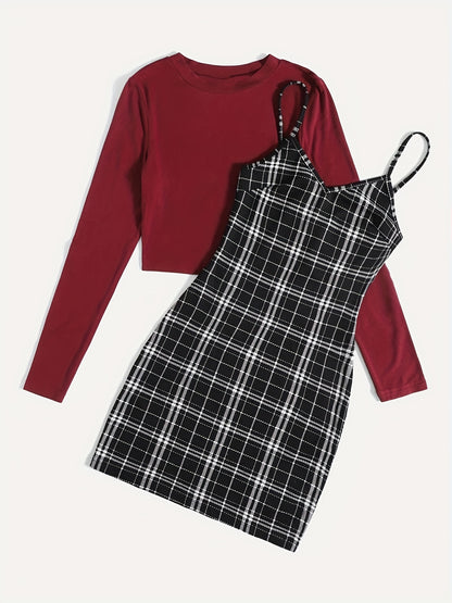 Preppy Two-piece Set, Solid Simple Long Sleeve Tops & Plaid Print Spaghetti Strap Dress Outfits, Women's Clothing