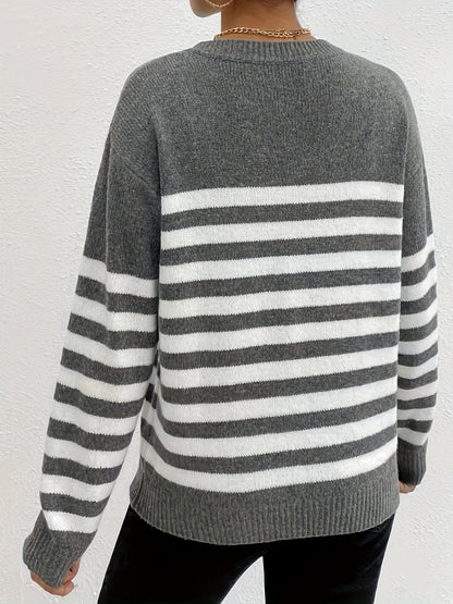 Sixsr Striped Crew Neck Pullover Sweater, Casual Long Sleeve Loose Knit Sweater, Women's Clothing