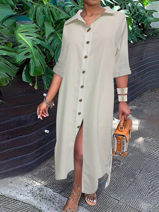 Sixsr Solid Button Front Lapel Dress, Casual Long Sleeve Dress For Spring, Women's Clothing