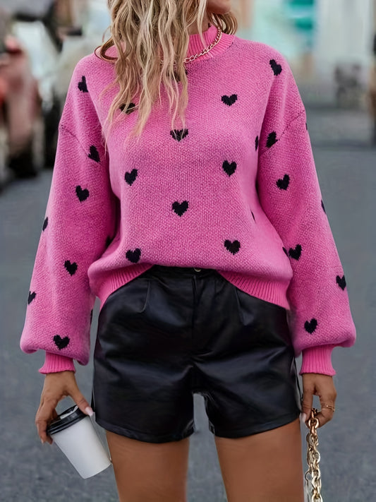 Sixsr Cute Black Heart Graphic Sweater, Drop Shoulder Long Sleeve Casual Sweater For Fall & Winter, Women's Clothing