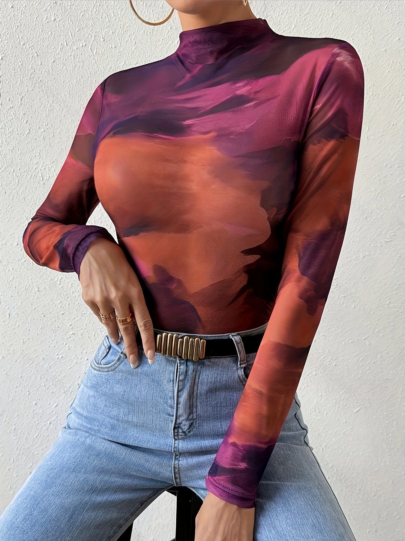Sixsr  Tie Dye Mock Neck Top, Versatile Long Sleeve Top For Spring & Fall, Women's Clothing