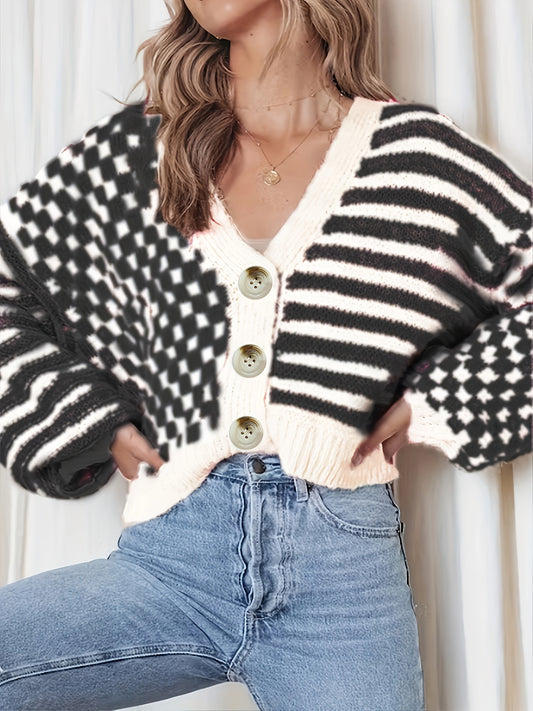 Sixsr Preppy Plaid & Striped Knitted Cardigan, Casual Long Sleeve V-neck Button Front Cardigan For Spring & Fall, Women's Clothing