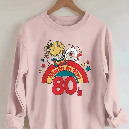 Sixsr Plus Size Casual Sweatshirt, Women's Plus Cartoon Figure & Rainbow & Letter "80s" Print Long Sleeve Round Neck Slight Stretch Sweatshirt