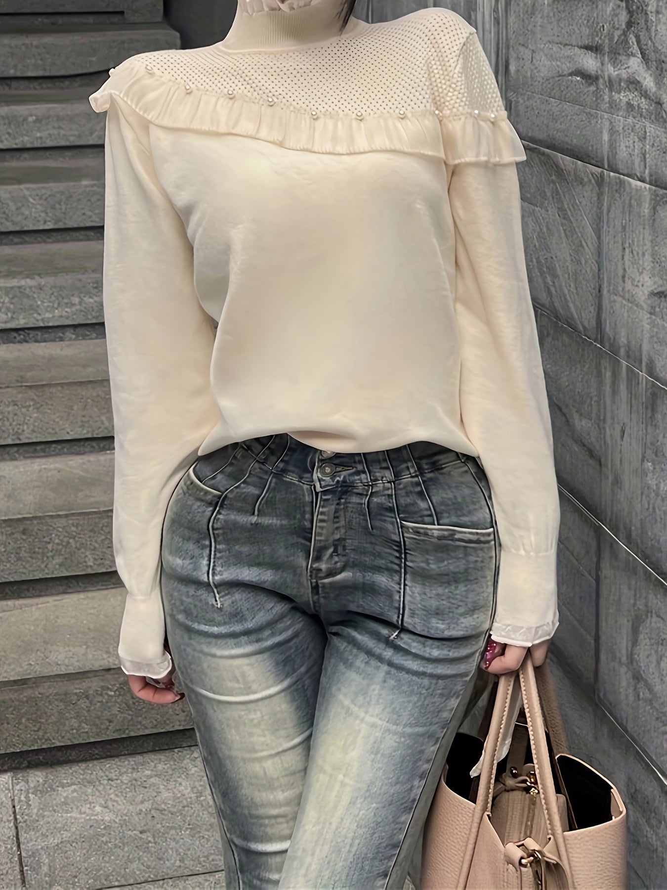 Sixsr Beaded Lace Trim Turtle Neck Knitted Top, Elegant Long Sleeve Slim Sweater For Spring & Fall, Women's Clothing