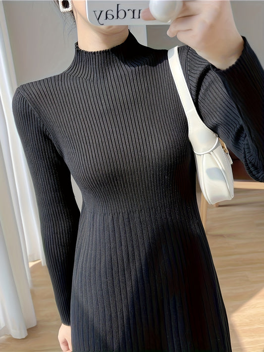 Sixsr Mock Neck Ribbed Dress, Casual Solid Long Sleeve Midi Dress, Women's Clothing