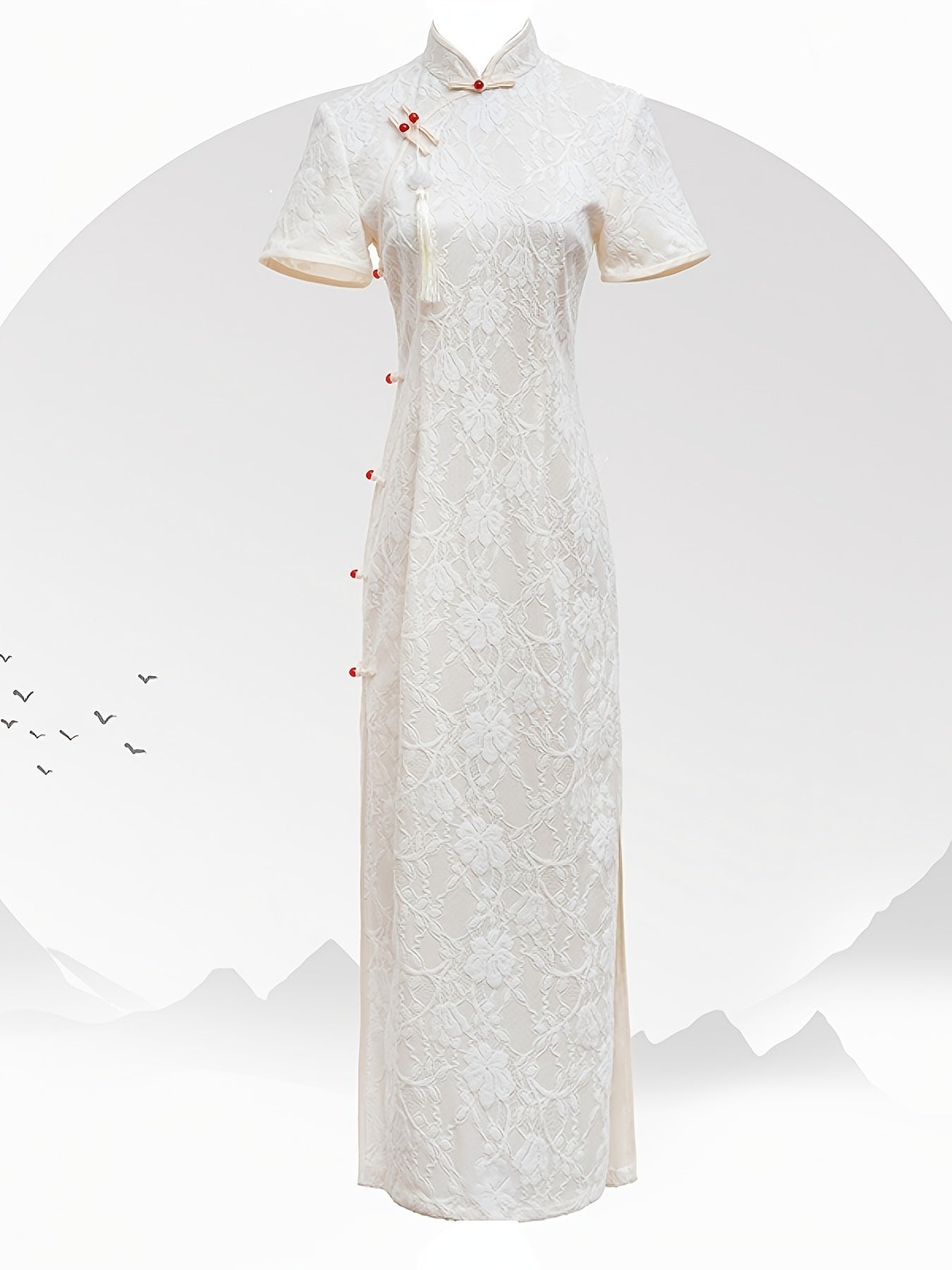 Elegant Chinese Vintage Lace Cheongsam - Short Sleeve Mandarin Collar Dress for Women