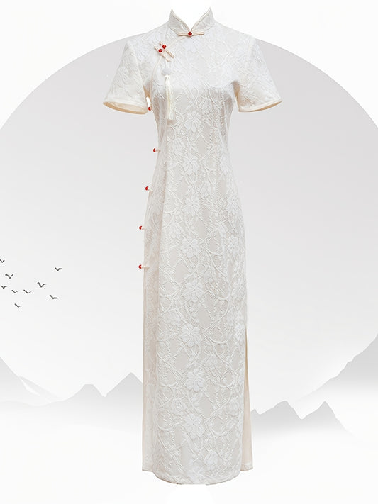 Elegant Chinese Vintage Lace Cheongsam - Short Sleeve Mandarin Collar Dress for Women