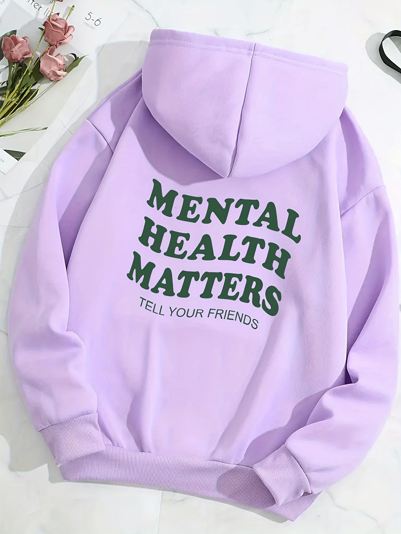 Sixsr Mental Health Matters Print Hoodies, Drawstring Kangaroo Pocket Casual Sweatshirt For Winter & Fall, Women's Clothing