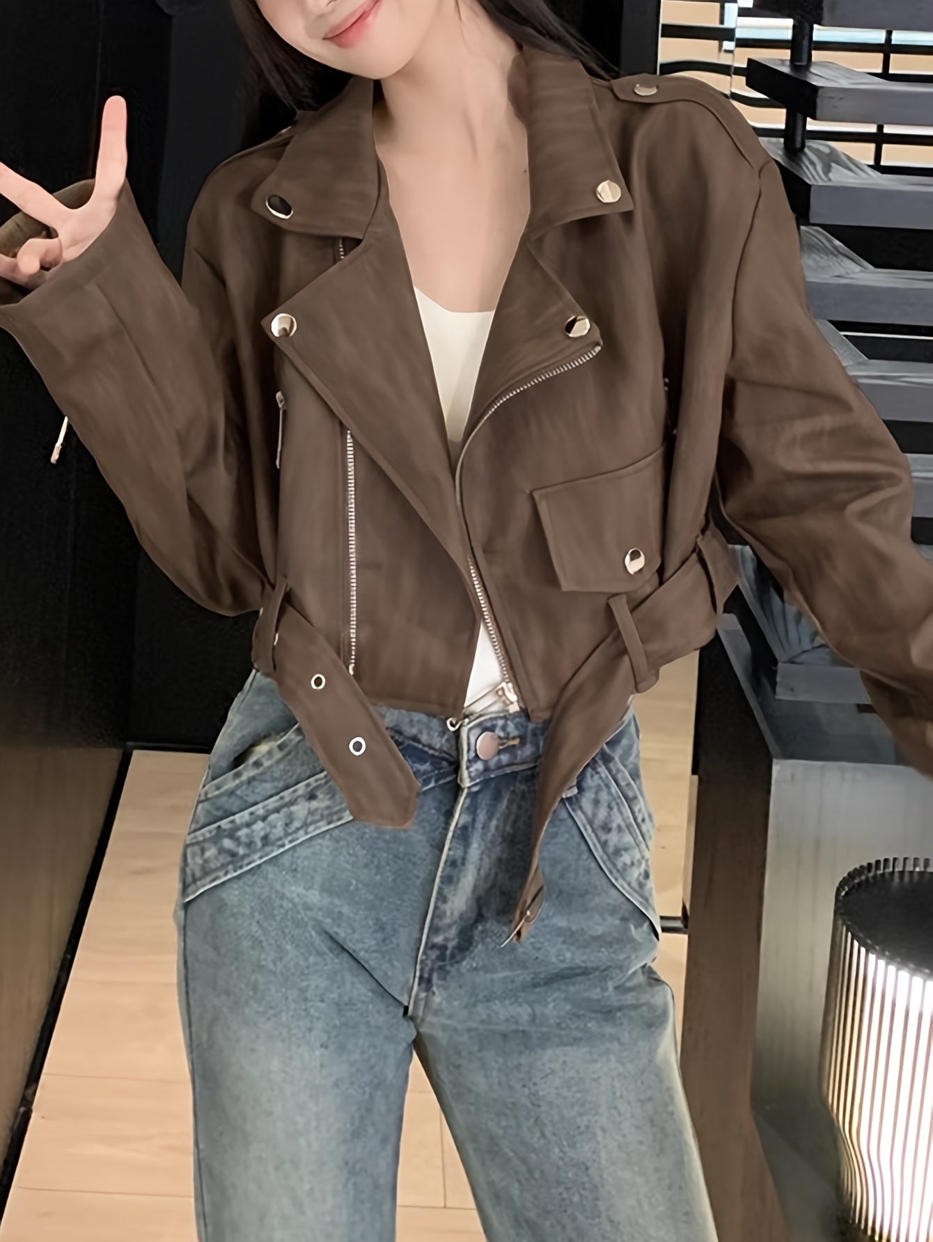 Sixsr Solid Zipper Lapel Belted Biker Jacket, Vintage Long Sleeve Crop Jacket For Fall & Winter, Women's Clothing