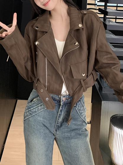 Sixsr Solid Zipper Lapel Belted Biker Jacket, Vintage Long Sleeve Crop Jacket For Fall & Winter, Women's Clothing
