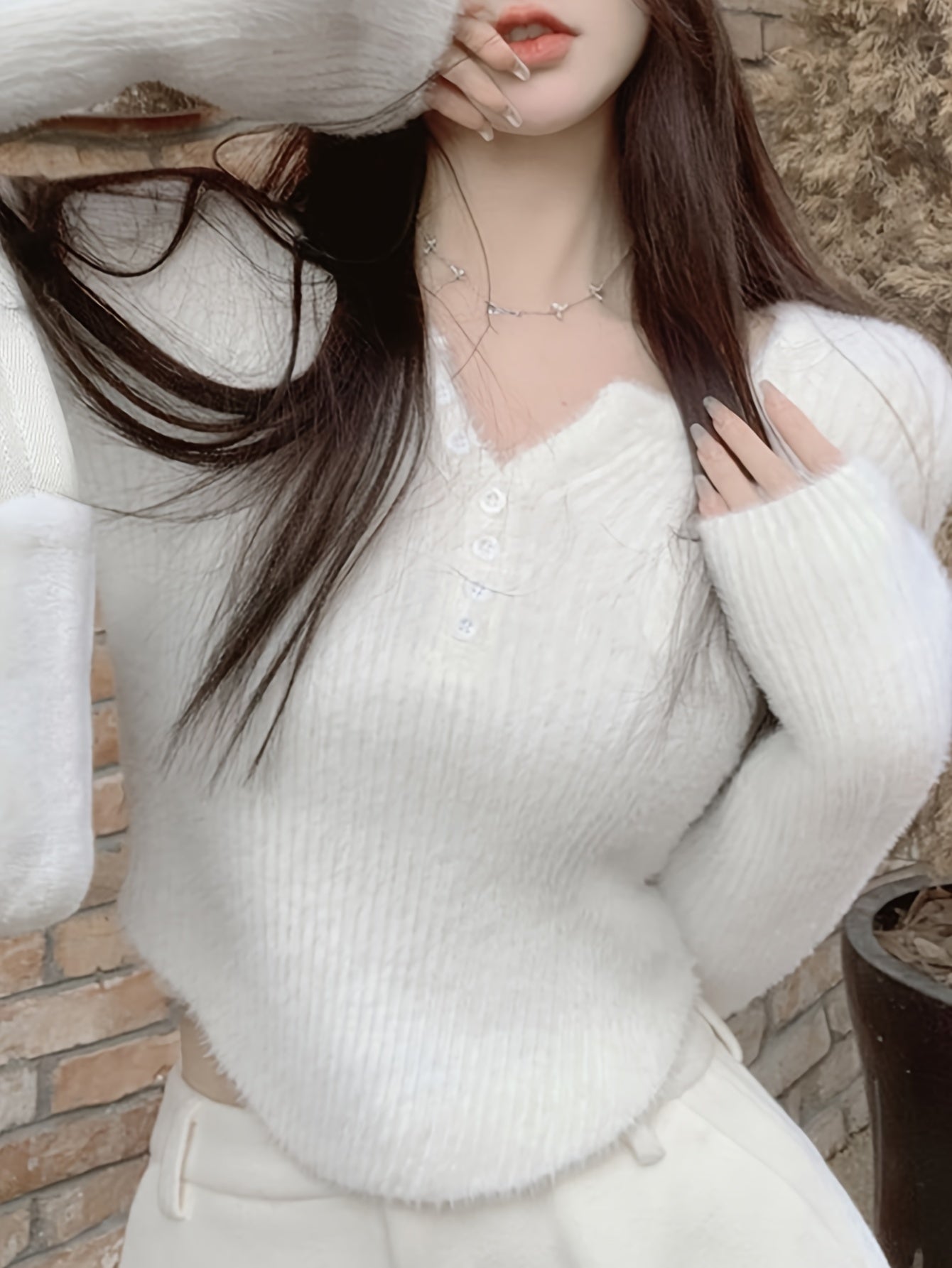 Sixsr Solid Button Up Pullover Sweater, Casual Long Sleeve Hanky Hem Sweater, Women's Clothing